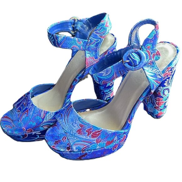 High Heel Platform Sandals SZ 8 Blue floral satin, 4.7" Heels - Picture 4 of 12